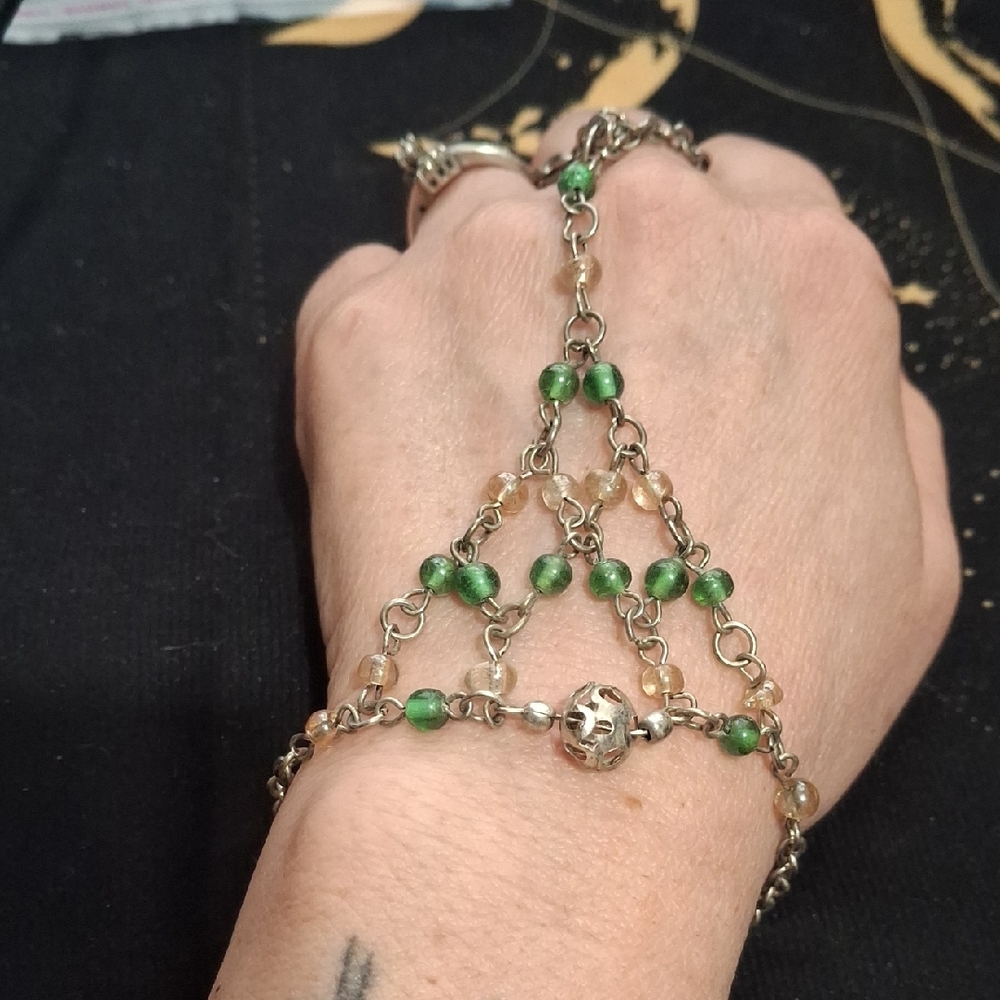 Elegant Green and Silver Hand Chain Bracelet
